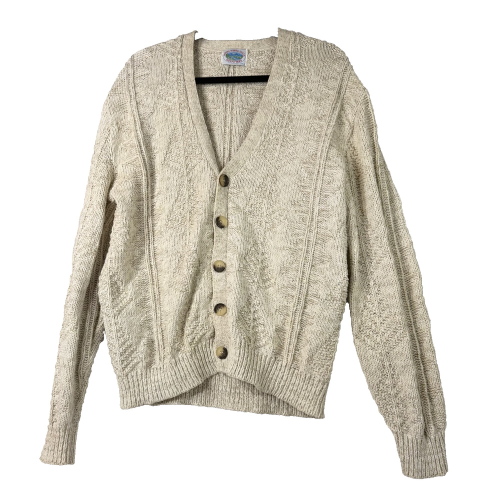 VTG Royal North Mills Cardigan USA M Cream Textured Knit Button Sweater Grandpa
